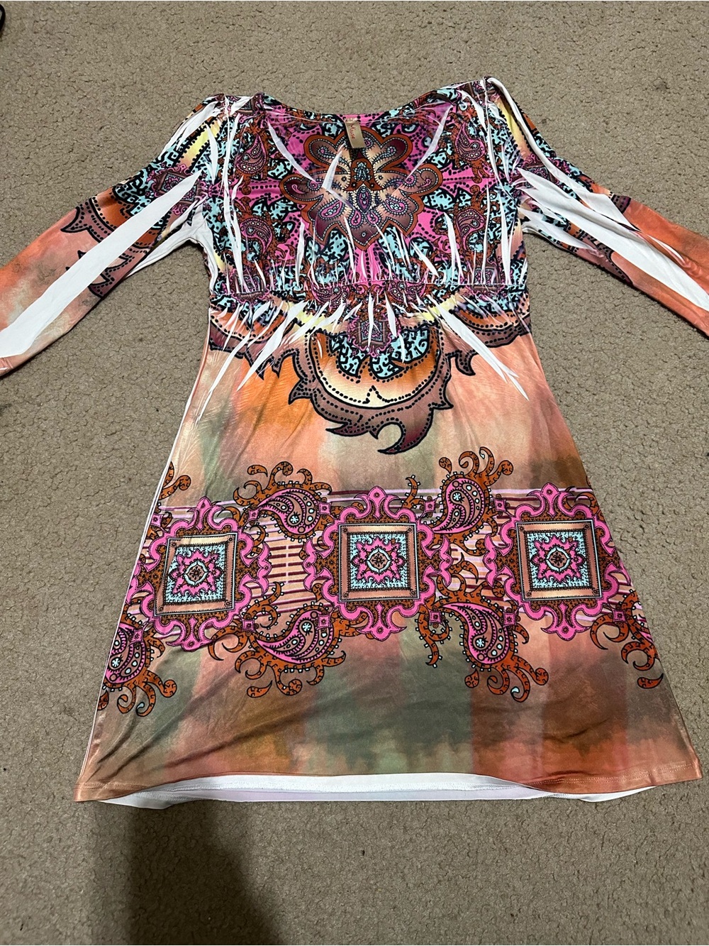 Boho Paisley Print Long Sleeve Dress - Pink & Orange